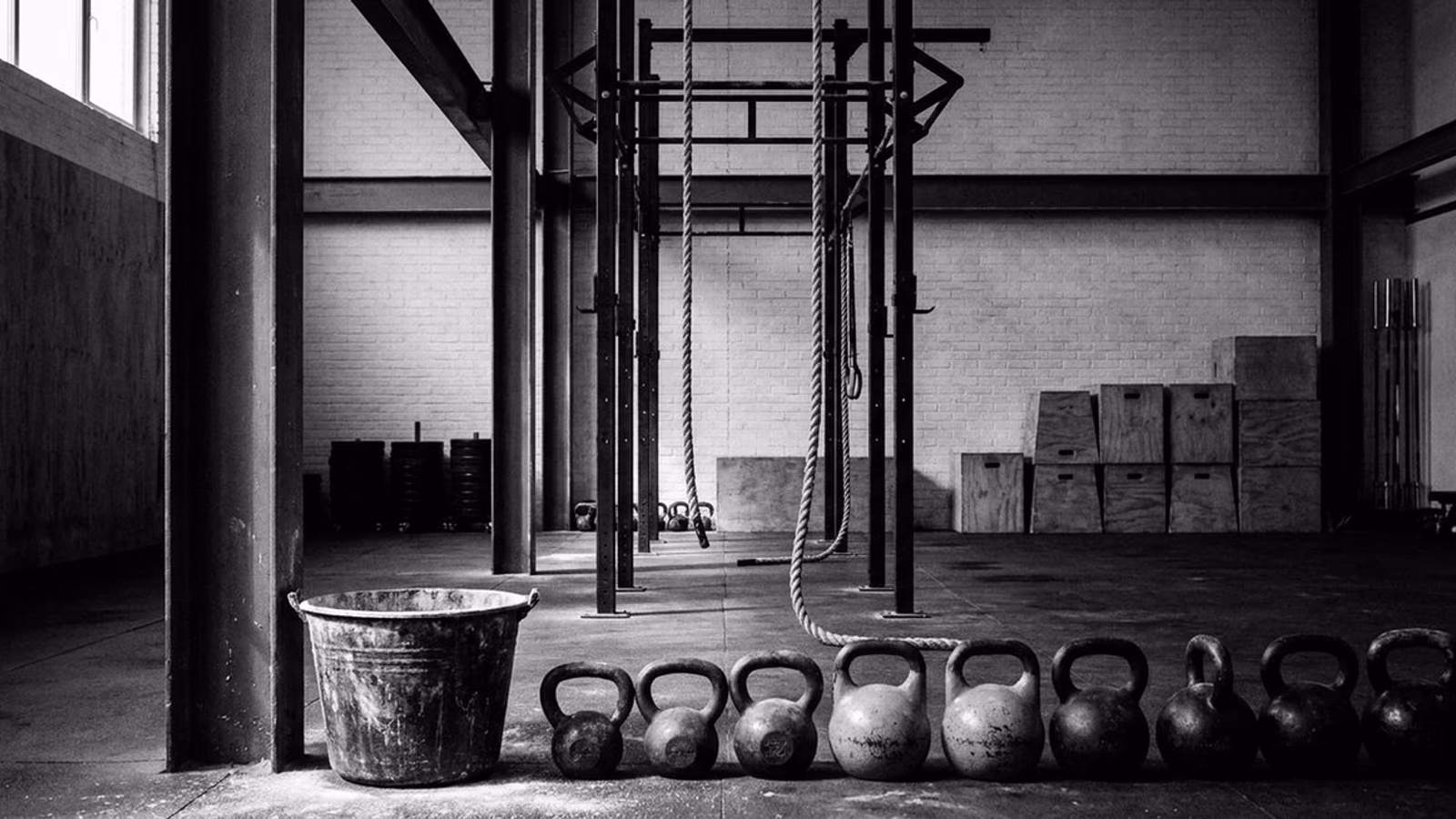 Rig central de CrossFit Russafa con cuerdas de escalada colgando del techo y filas ordenadas de cajones de saltos.