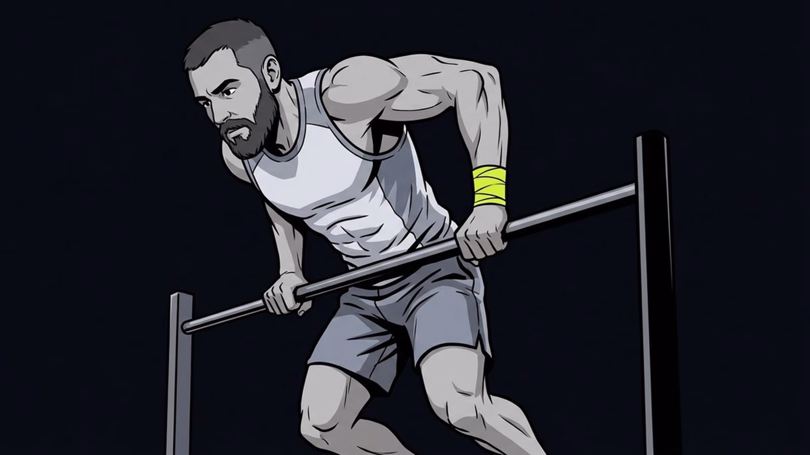 Ilustración a cuerpo completo de un atleta en la fase de transición de un muscle-up en barra, con cinta lima en la muñeca.