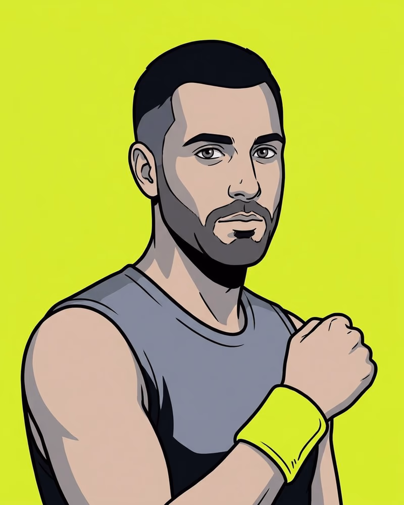 Retrato ilustrado de un atleta con barba corta, camiseta sin mangas y muñequera lima.
