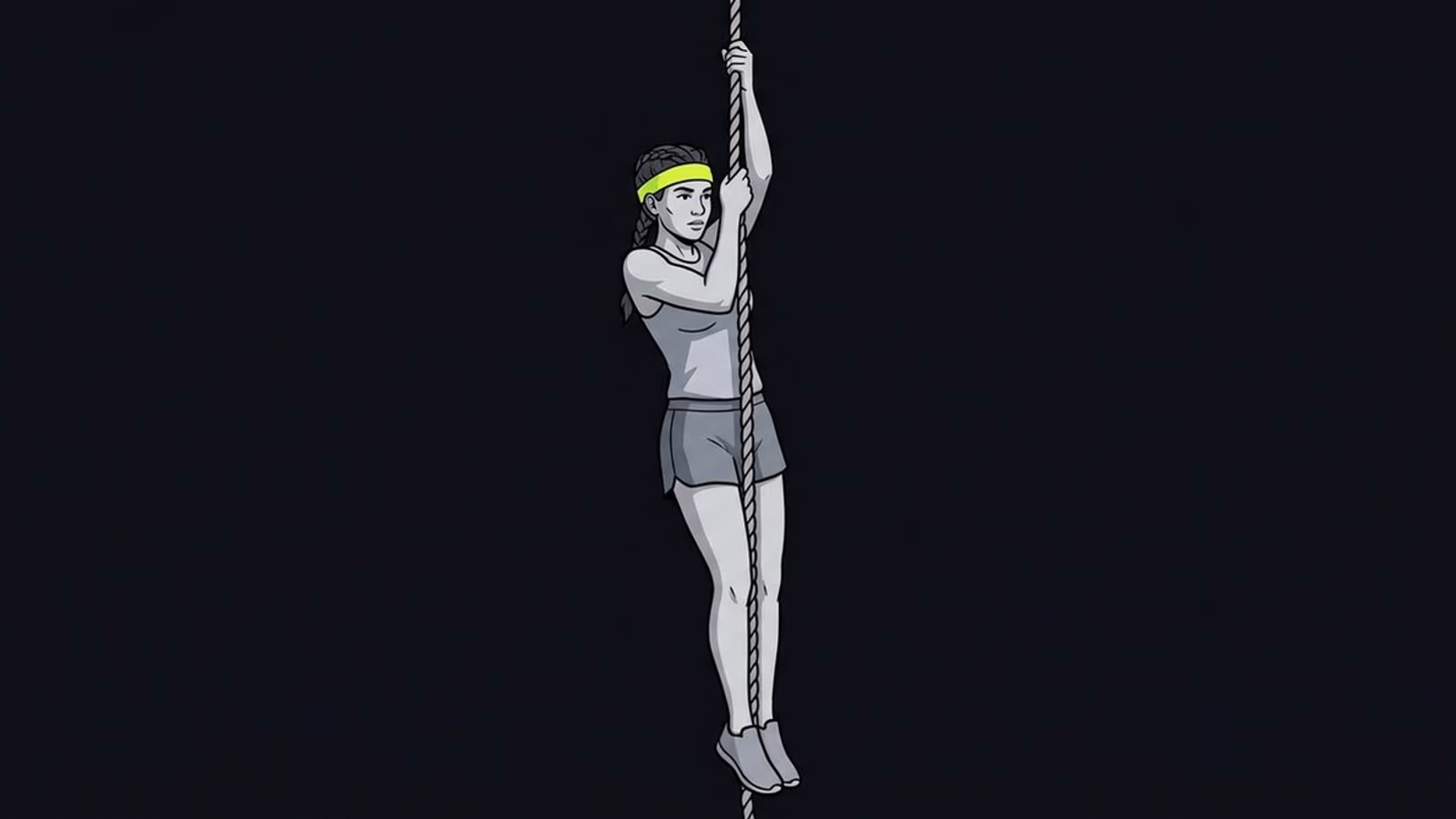 Ilustración a cuerpo completo de una atleta ascendiendo una cuerda sin usar las piernas, con un banda lima en la frente.
