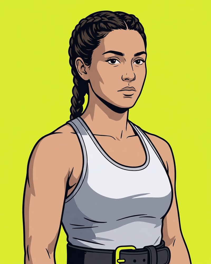 Retrato ilustrado de una atleta con pelo recogido en trenza y un cinturón de halterofilia con hebilla lima.