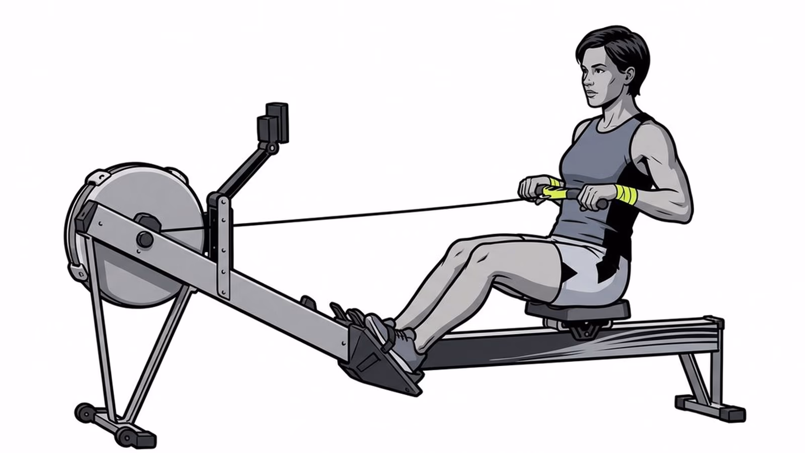 Ilustración a cuerpo completo de una atleta tirando de una máquina de remo, con la manija envuelta en cinta lima.