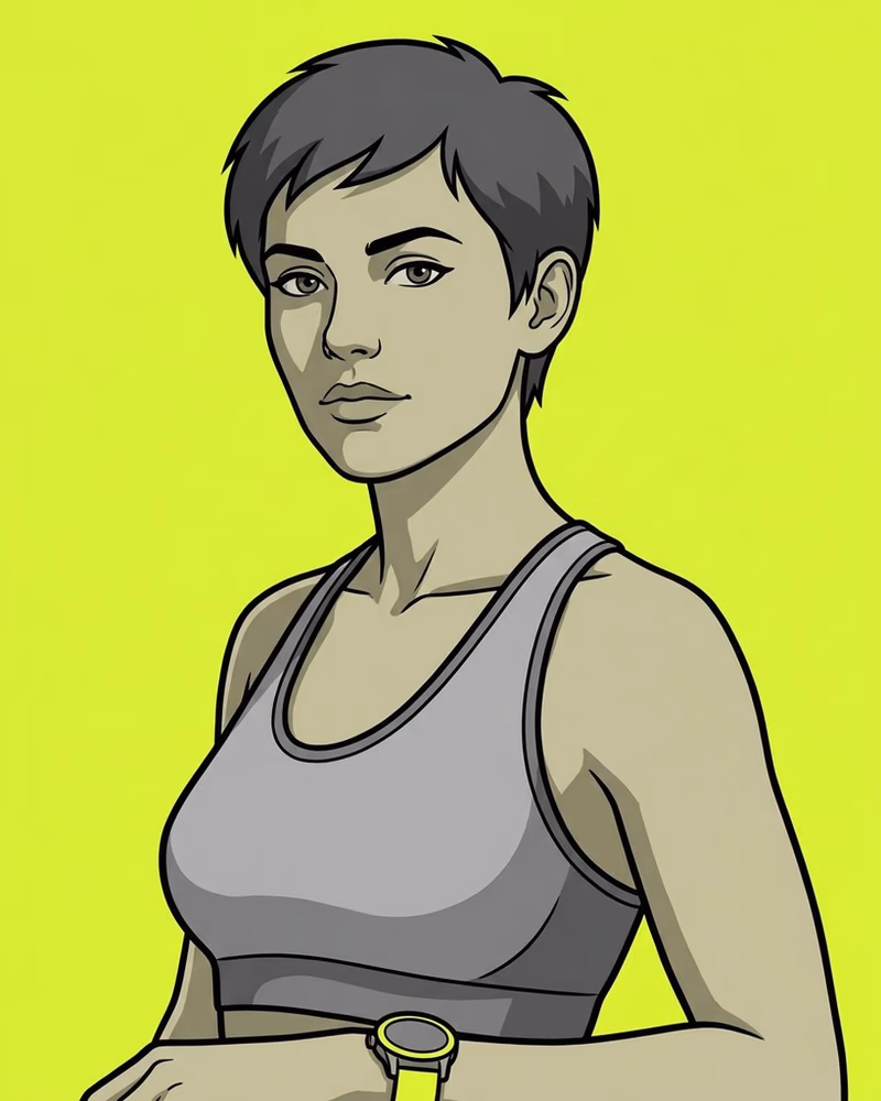 Retrato ilustrado de una atleta con pelo corto oscuro y camiseta gris, con un reloj de pulsera de correa lima.