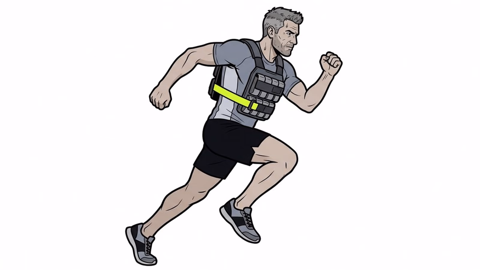 Ilustración a cuerpo completo de un atleta corriendo con chaleco lastrado, con una banda lima al cuello.