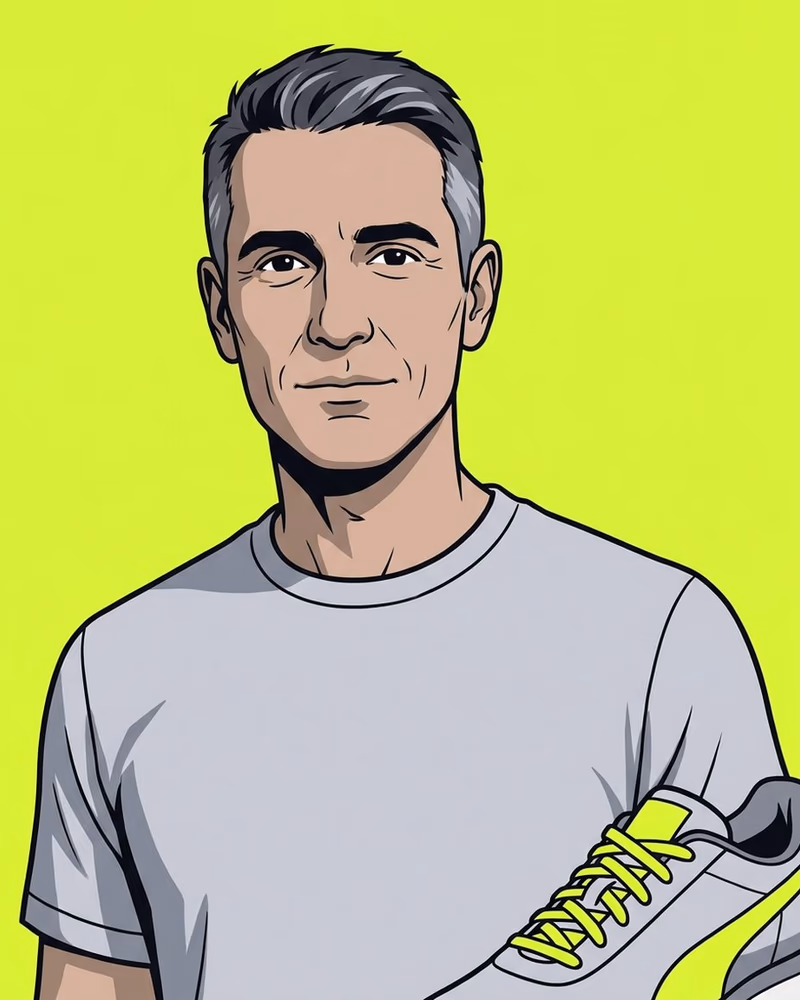 Retrato ilustrado de un atleta con canas tempranas y camiseta gris, con unos cordones lima en las zapatillas.
