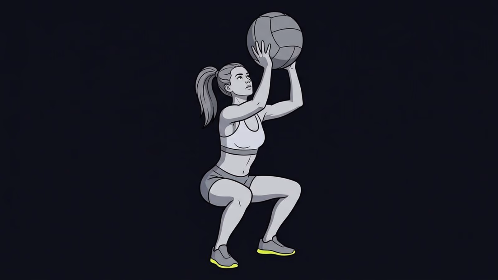 Ilustración a cuerpo completo de una atleta lanzando una pelota medicinal contra la pared, con zapatillas de suela lima.
