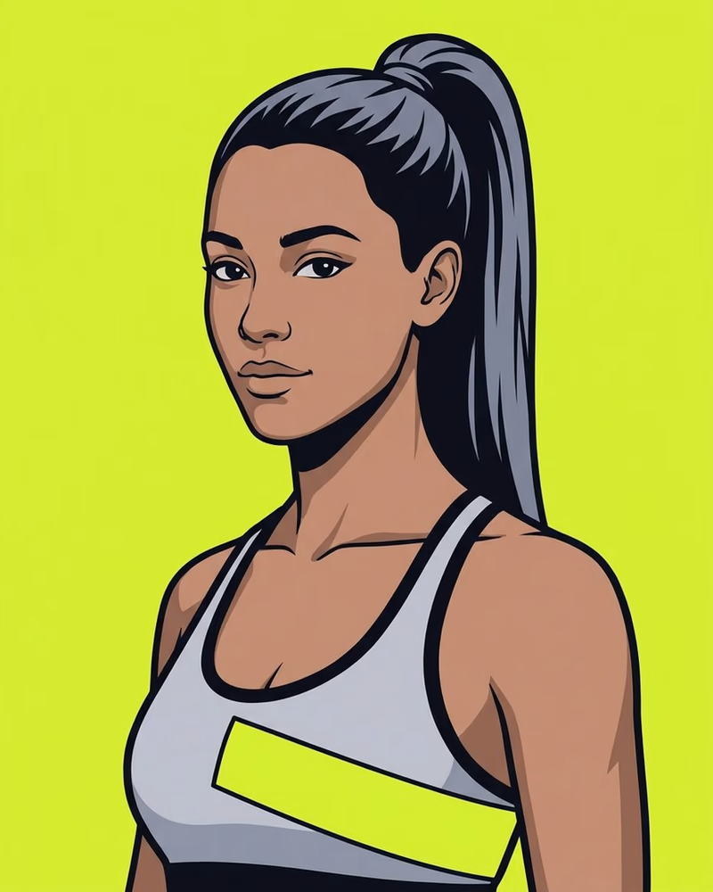 Retrato ilustrado de una atleta con pelo recogido alto y una muñequera lima en la derecha.