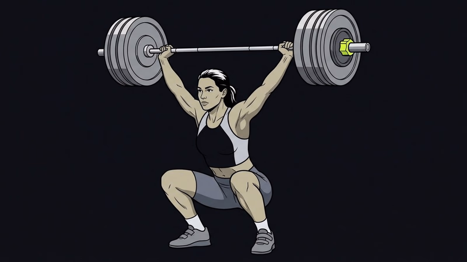 Ilustración a cuerpo completo de una atleta en el instante de recibir el arranque, con un disco rodeado de un collarín lima.
