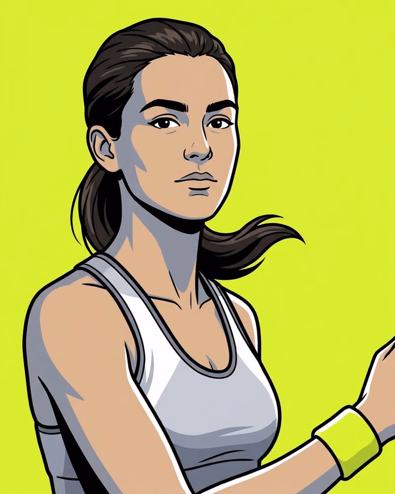 Retrato ilustrado de una atleta en media-sonrisa, con una bandana lima atada en la muñeca.