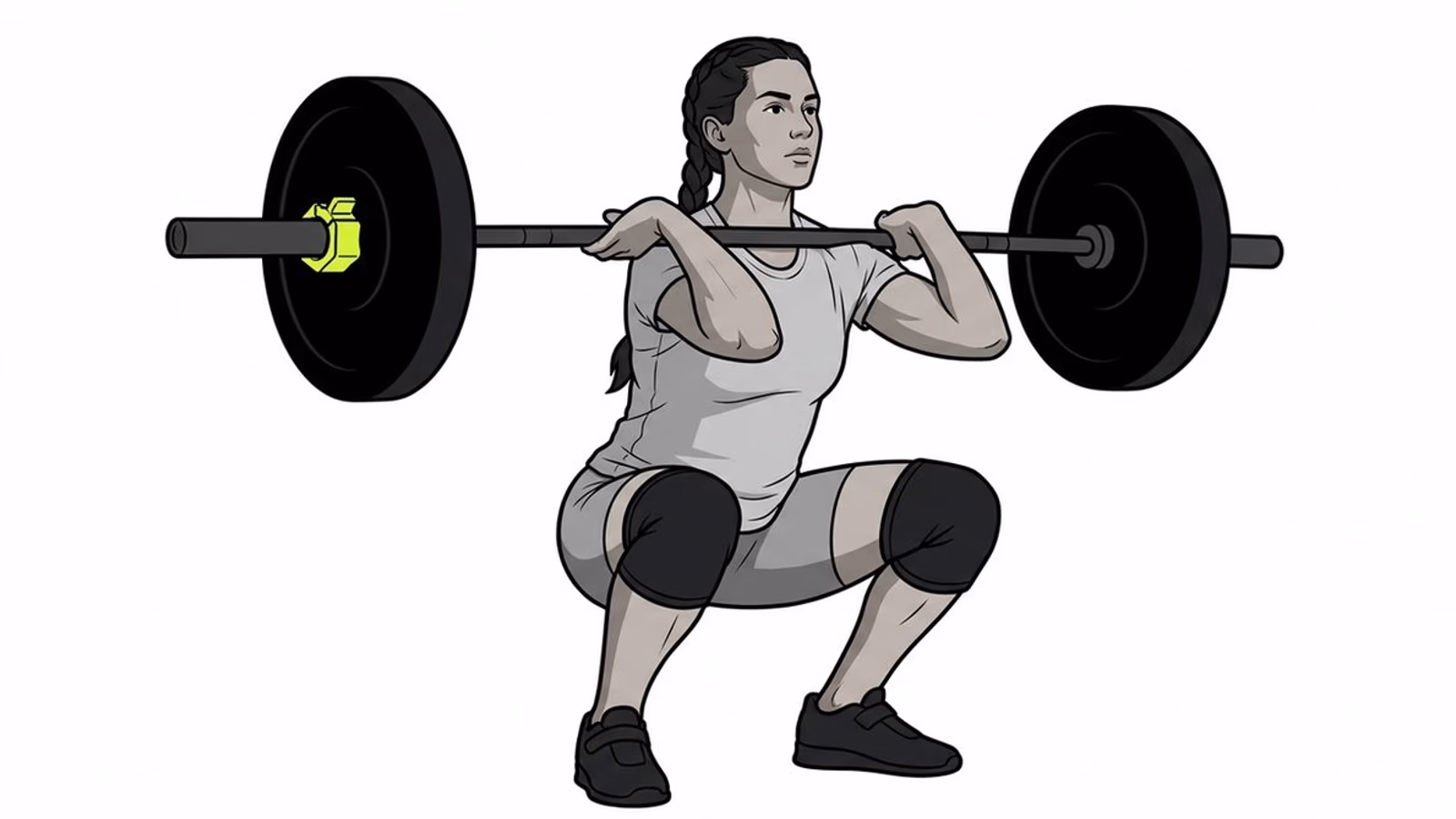 Ilustración a cuerpo completo de una atleta en el momento de recibir un clean, con un collarín lima sobre la barra.