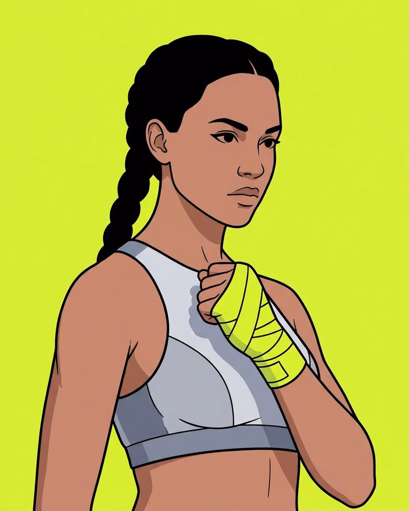 Retrato ilustrado de una atleta con trenza oscura y expresión concentrada, con vendas lima en las muñecas.