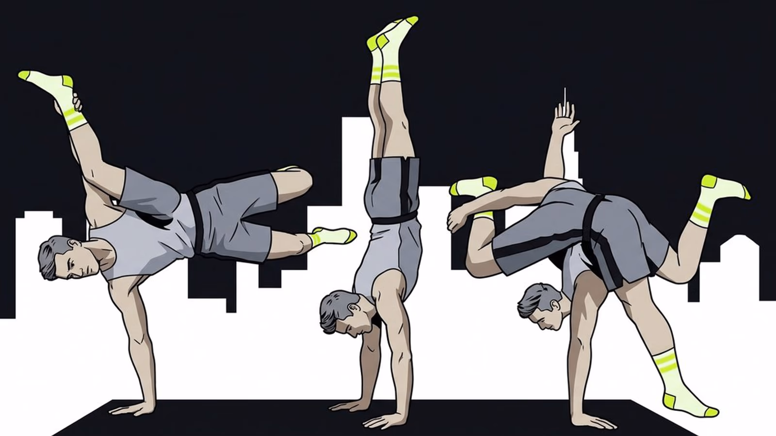 Ilustración a cuerpo completo de un atleta caminando en handstand con calcetines rayados en lima.