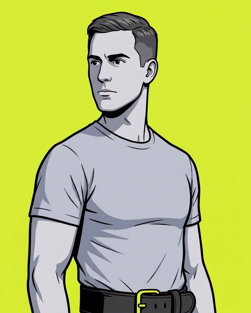 Retrato ilustrado de un atleta de pelo corto y mirada firme, con un tirante lima en el cinturón de halterofilia.