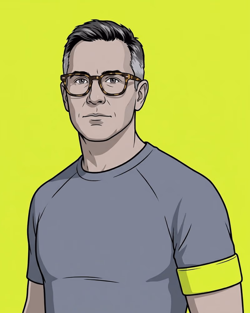 Retrato de un entrenador con gafas de pasta y un brazalete lima.