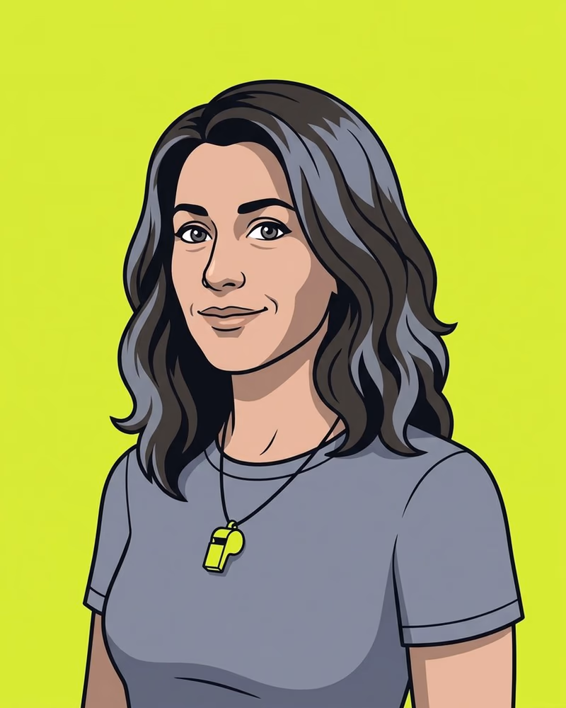 Retrato de una entrenadora sonriente con una camiseta gris y un colgante lima en forma de silbato.