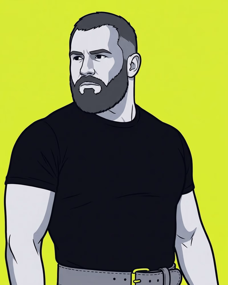 Retrato de un entrenador con barba cerrada y un cinturón de cuero con hebilla lima.