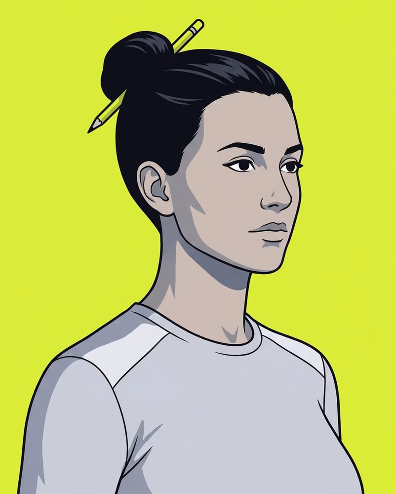 Retrato de una entrenadora de pelo largo recogido con un lápiz lima cruzado en el moño.