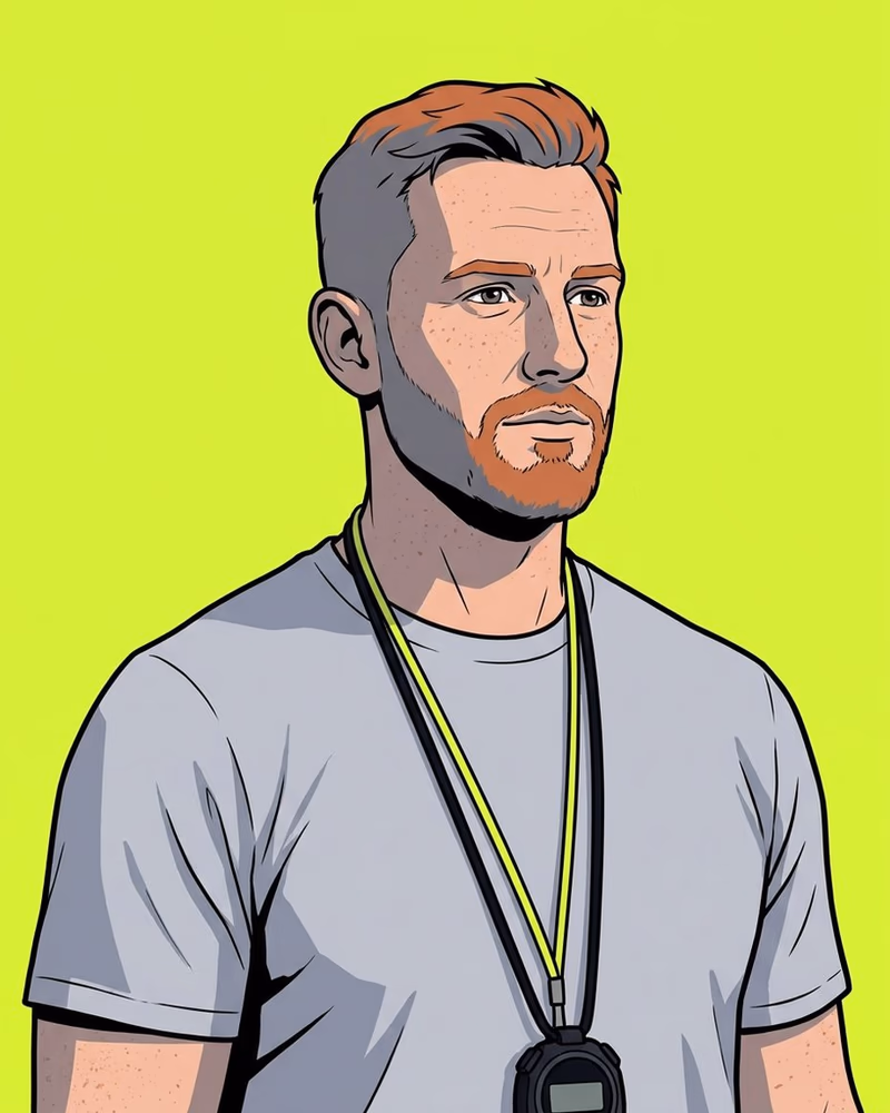 Retrato de un entrenador pelirrojo con camiseta técnica y cronómetro de correa lima.