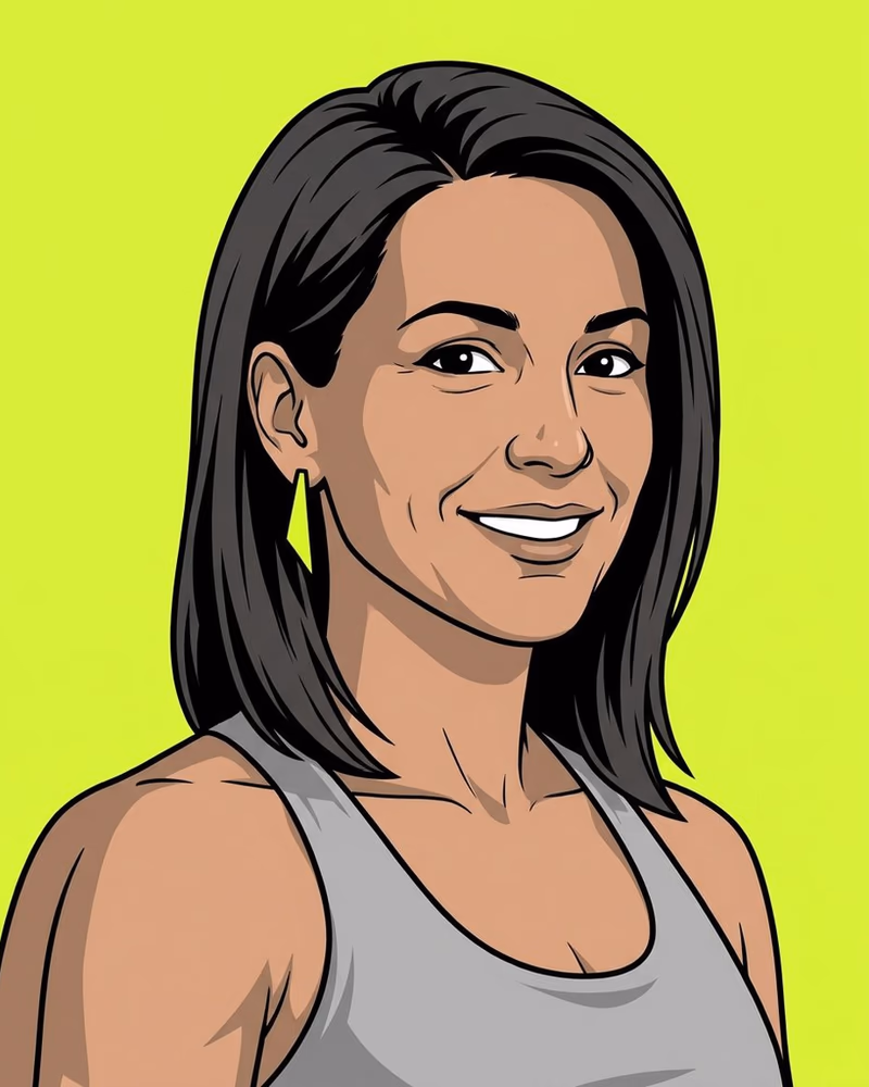 Retrato de una entrenadora de sonrisa abierta y un pendiente lima en la oreja izquierda.