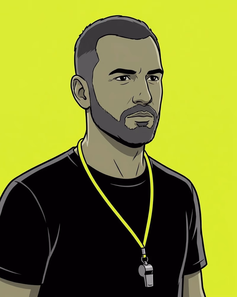 Retrato de un entrenador con barba corta y camiseta negra, con un silbato de cordón lima al cuello.