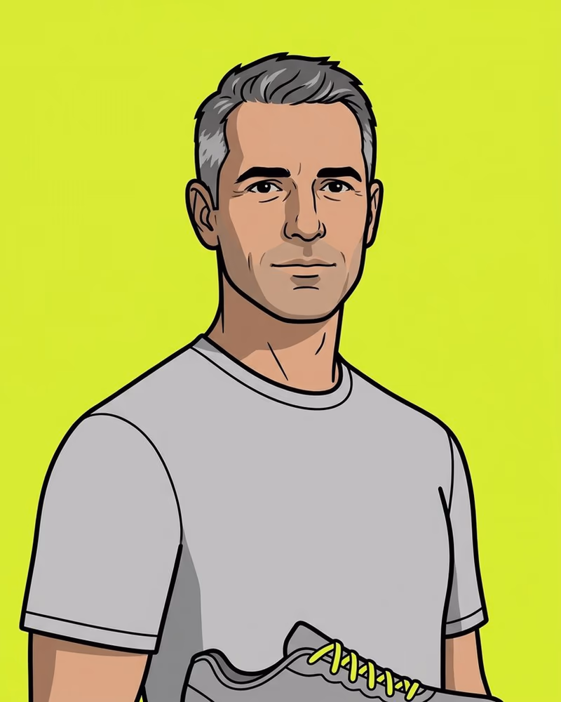 Retrato de un entrenador con canas tempranas y una camiseta gris con cordones lima.