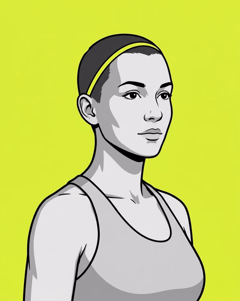 Retrato de una entrenadora con pelo muy corto y una diadema lima fina.