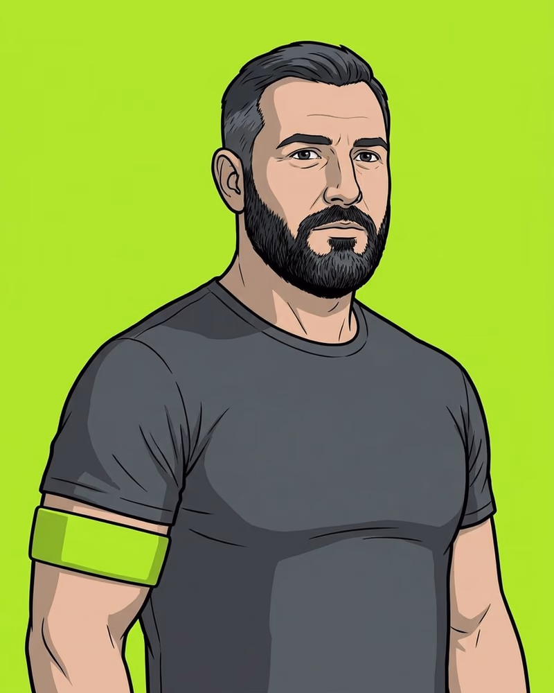 Retrato de un entrenador con barba espesa y un brazalete lima.