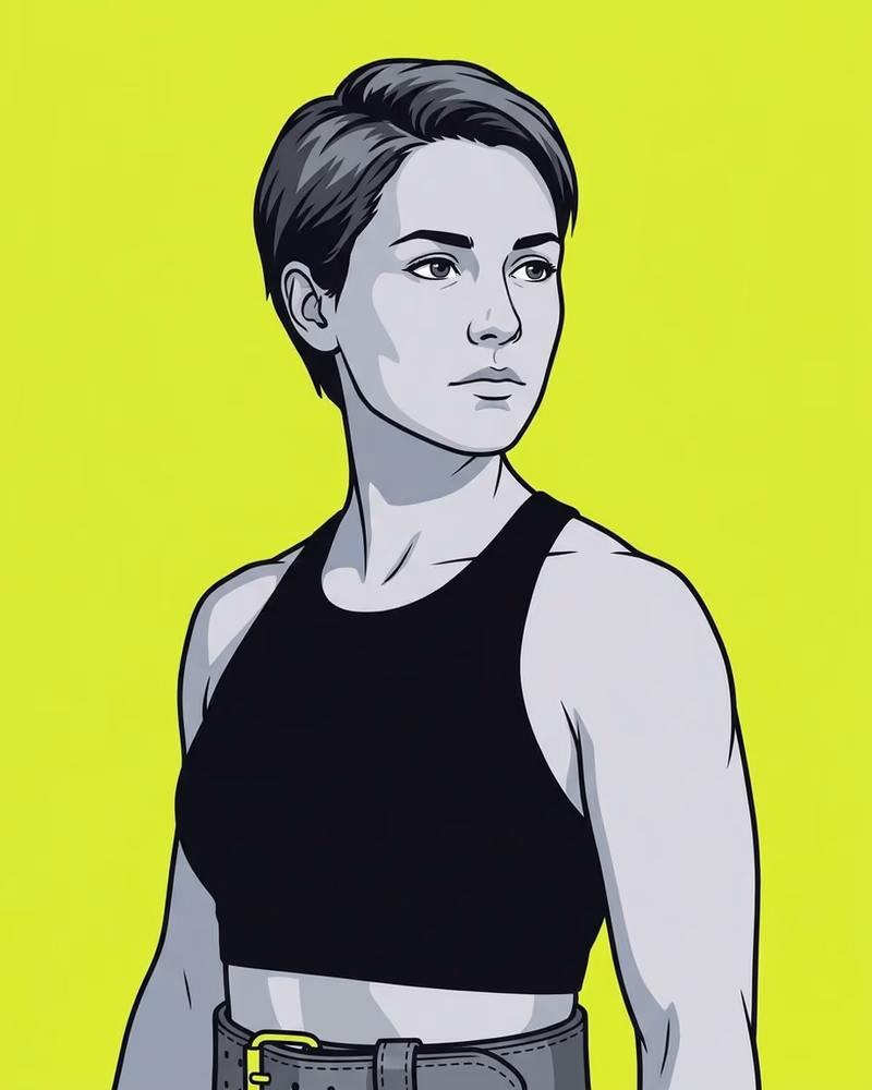 Retrato de una entrenadora con pelo corto oscuro y un cinturón de halterofilia con hebilla lima.
