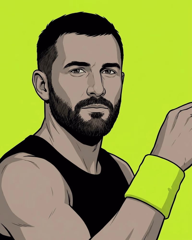 Retrato de un entrenador con barba negra y una muñequera lima.