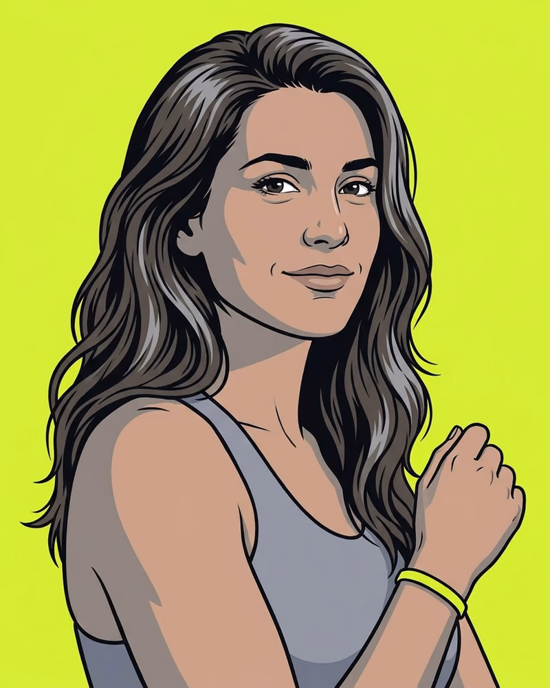 Retrato de una entrenadora con pelo largo y lima suelta, con pulsera lima.
