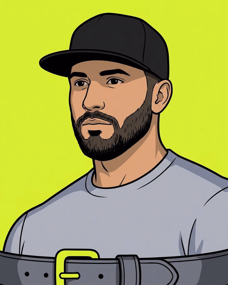 Retrato de un entrenador con gorra plana y cinturón de halterofilia con hebilla lima.